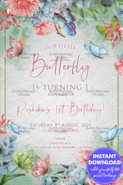 Butterfly-Themed 1st Birthday Invitation with Pastel Florals and Watercolor Charm