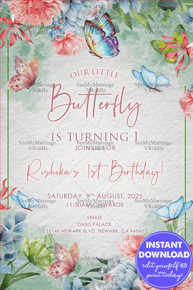 Butterfly-Themed 1st Birthday Invitation with Pastel Florals and Watercolor Charm