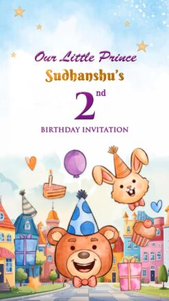 Cartoon Family Birthday Invitation Video with Bear, Bunny, Cupcake, Gifts and a Whimsical Town Backdrop