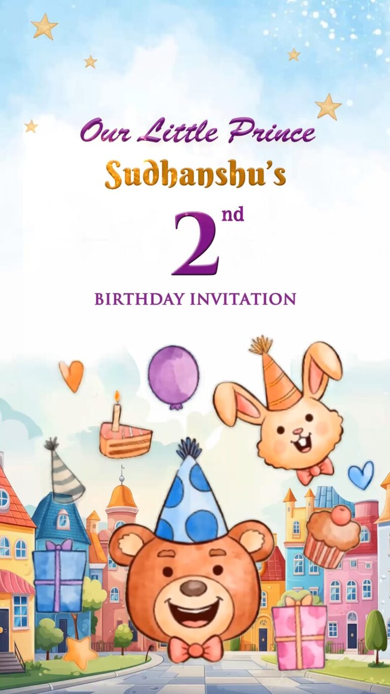 Cartoon Family Birthday Invitation Video with Bear, Bunny, Cupcake, Gifts and a Whimsical Town Backdrop