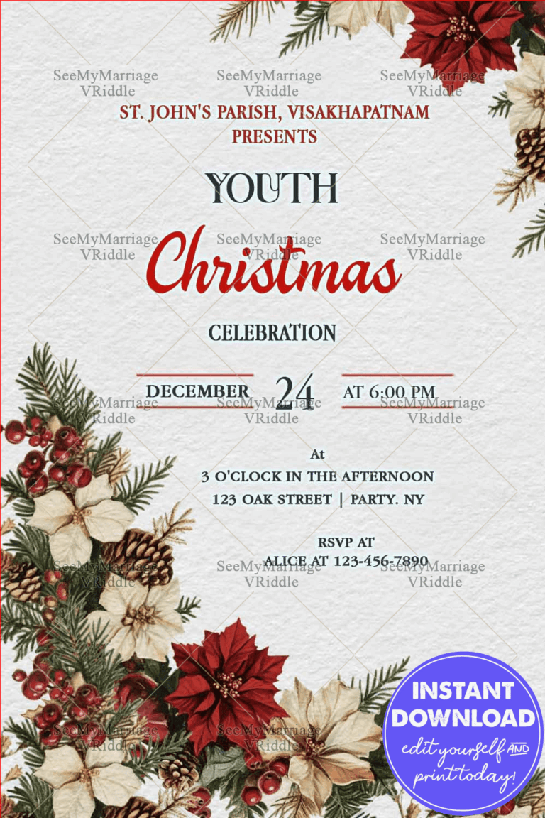 Christmas Celebration Invite with Poinsettia Floral Festive Accents in textured white background