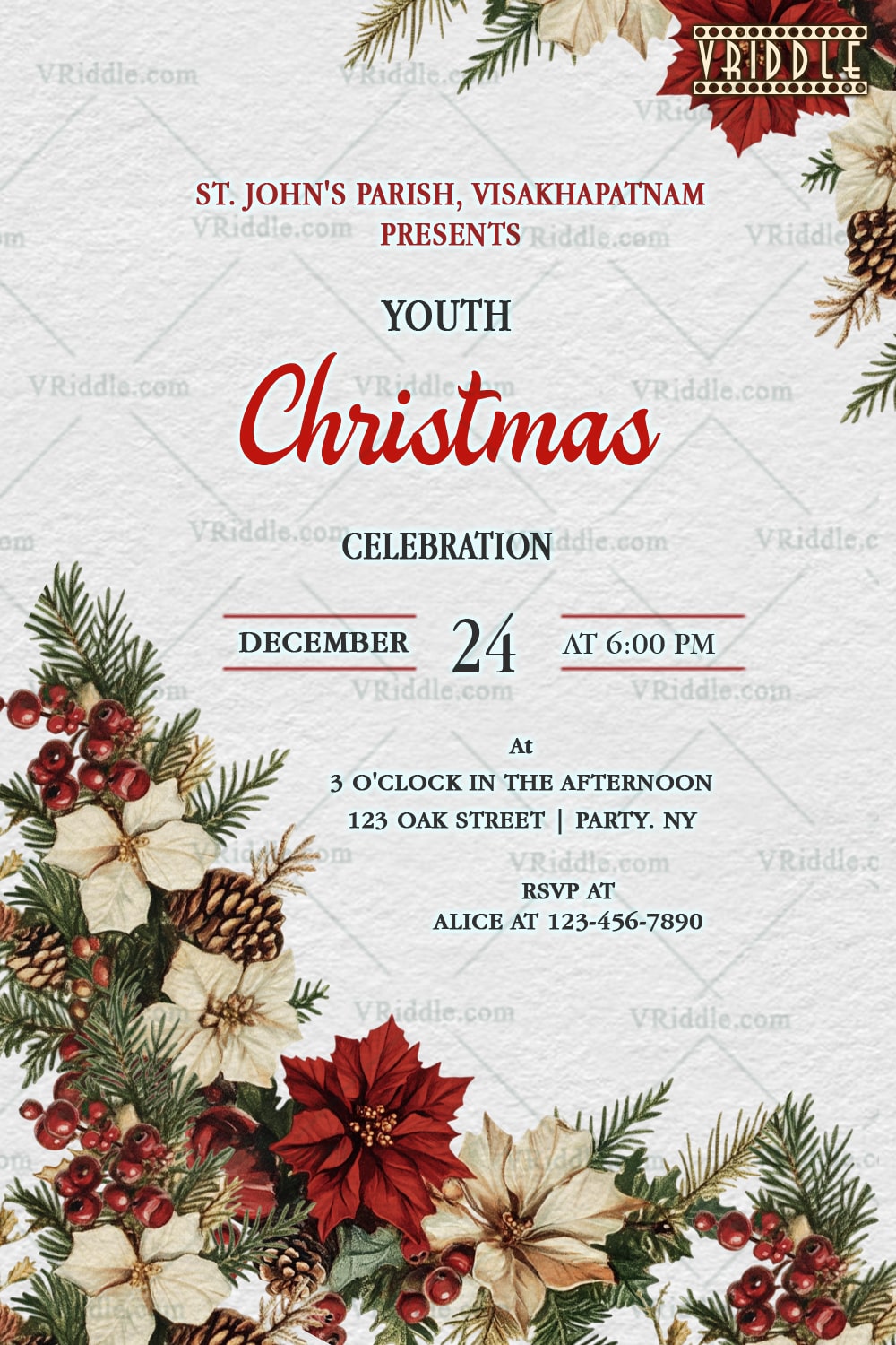 Christmas Celebration Invite with Poinsettia Floral Festive Accents in textured white background