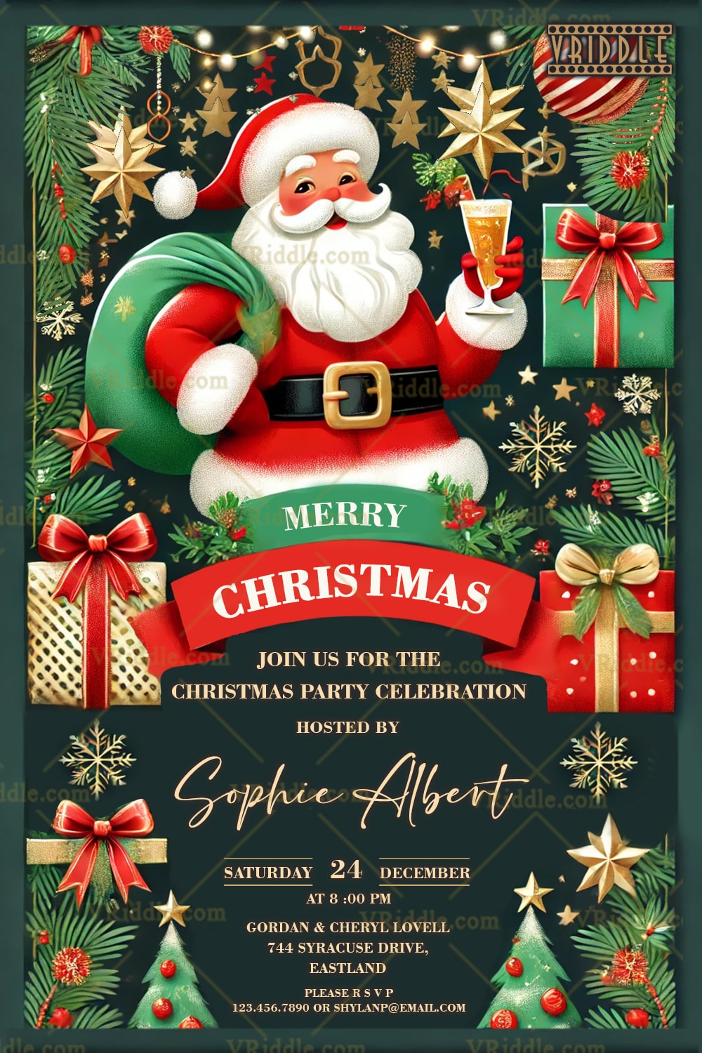 Christmas Party Invitation with Santa, Festive Gifts, Garland & Holiday Cheer