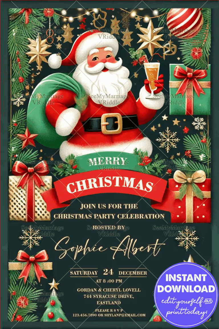 Christmas Party Invitation with Santa, Festive Gifts, Garland & Holiday Cheer