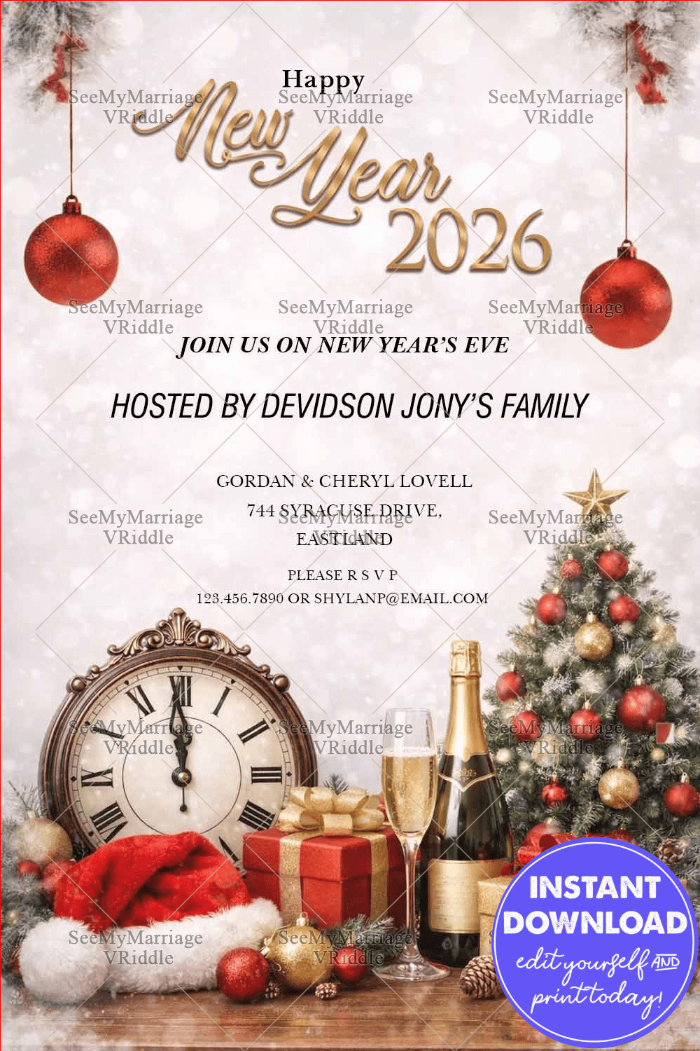 Countdown Clock New Year Celebration Invitation with Festive Ornaments & Holiday Cheer