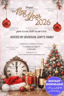 Countdown Clock New Year Celebration Invitation with Festive Ornaments & Holiday Cheer