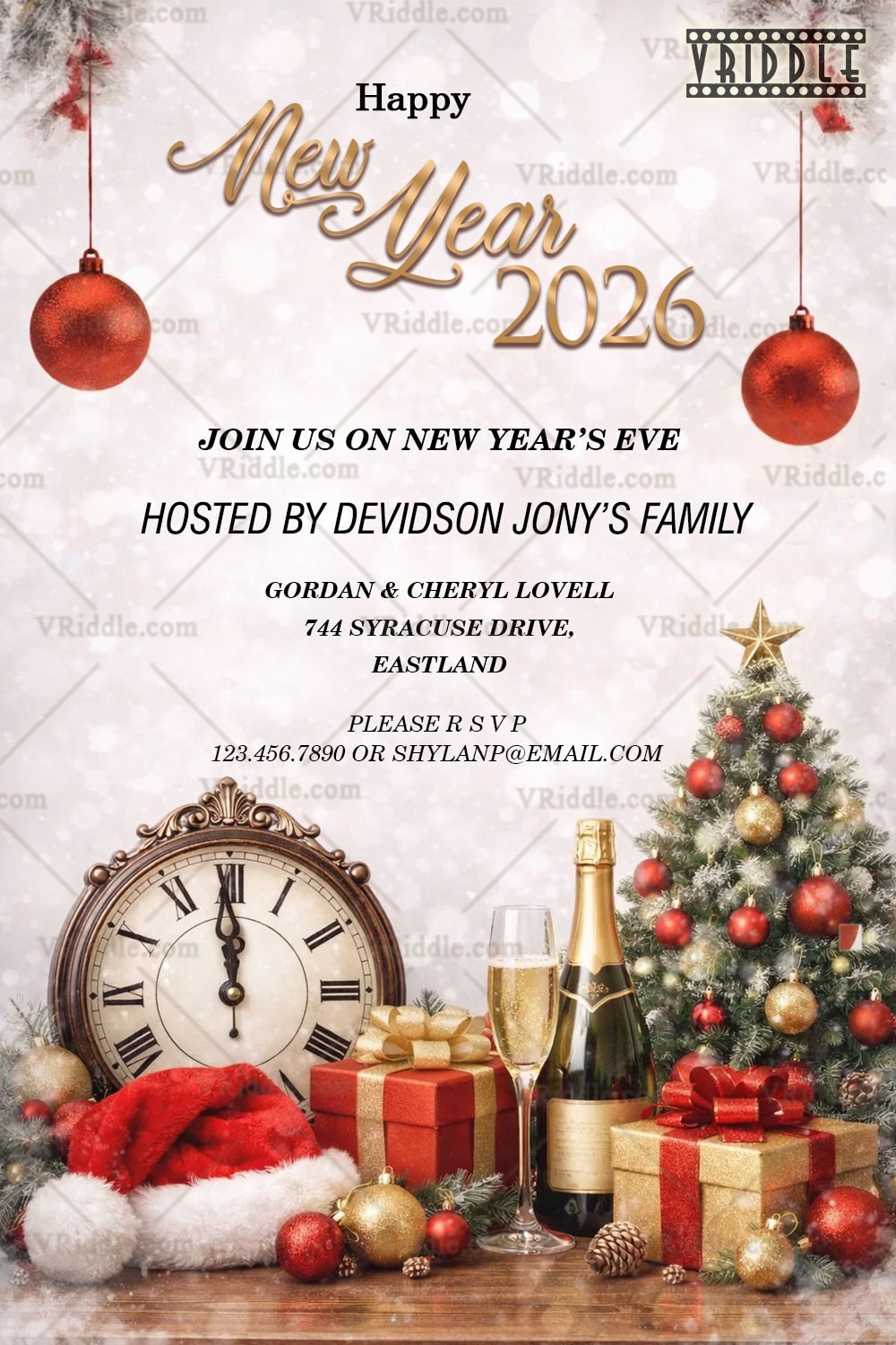 Countdown Clock New Year Celebration Invitation with Festive Ornaments & Holiday Cheer