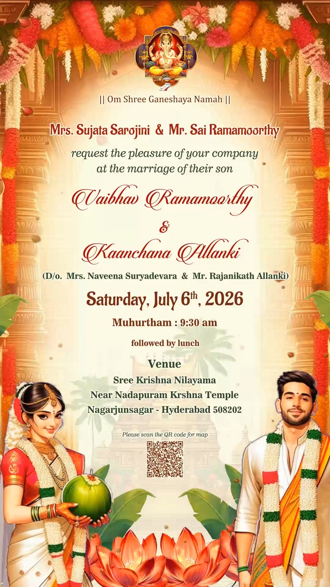 Couple Illustration Traditional Wedding Invitation Video with South Indian, Temple BG and QR Code for Location
