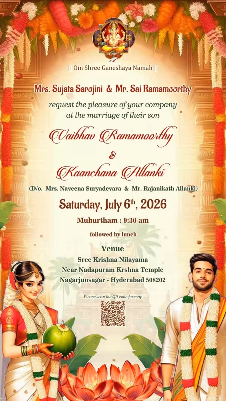Couple Illustration Traditional Wedding Invitation Video with South Indian, Temple BG and QR Code for Location