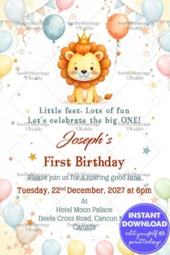 Crowned Baby Lion Birthday Invitation Card with Pastel Balloons, Joyful and Memorable Celebration