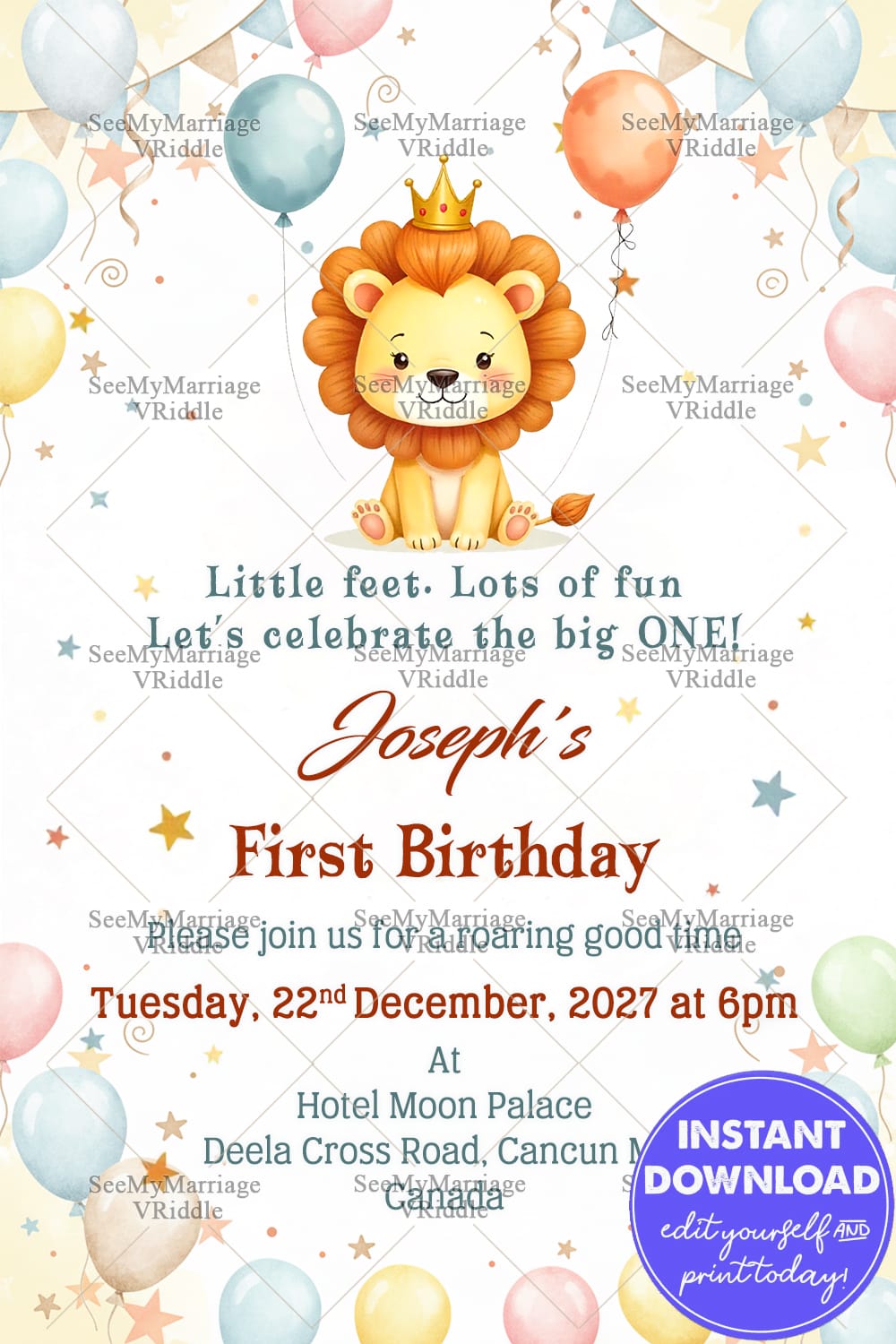 Crowned Baby Lion Birthday Invitation Card with Pastel Balloons, Joyful and Memorable Celebration