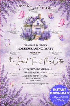 Dreamy Lavender Housewarming Invitation with Watercolor Cottage and Butterfly Elements