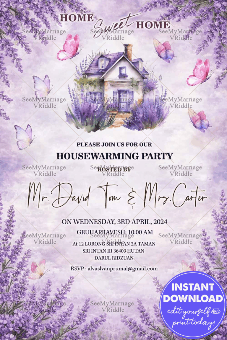Dreamy Lavender Housewarming Invitation with Watercolor Cottage and Butterfly Elements