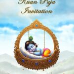 Family Illustration Kuan Puja Invitation Video with Baby Krishna Sleeping on a Golden Swing with Scenic Nature Backdrop
