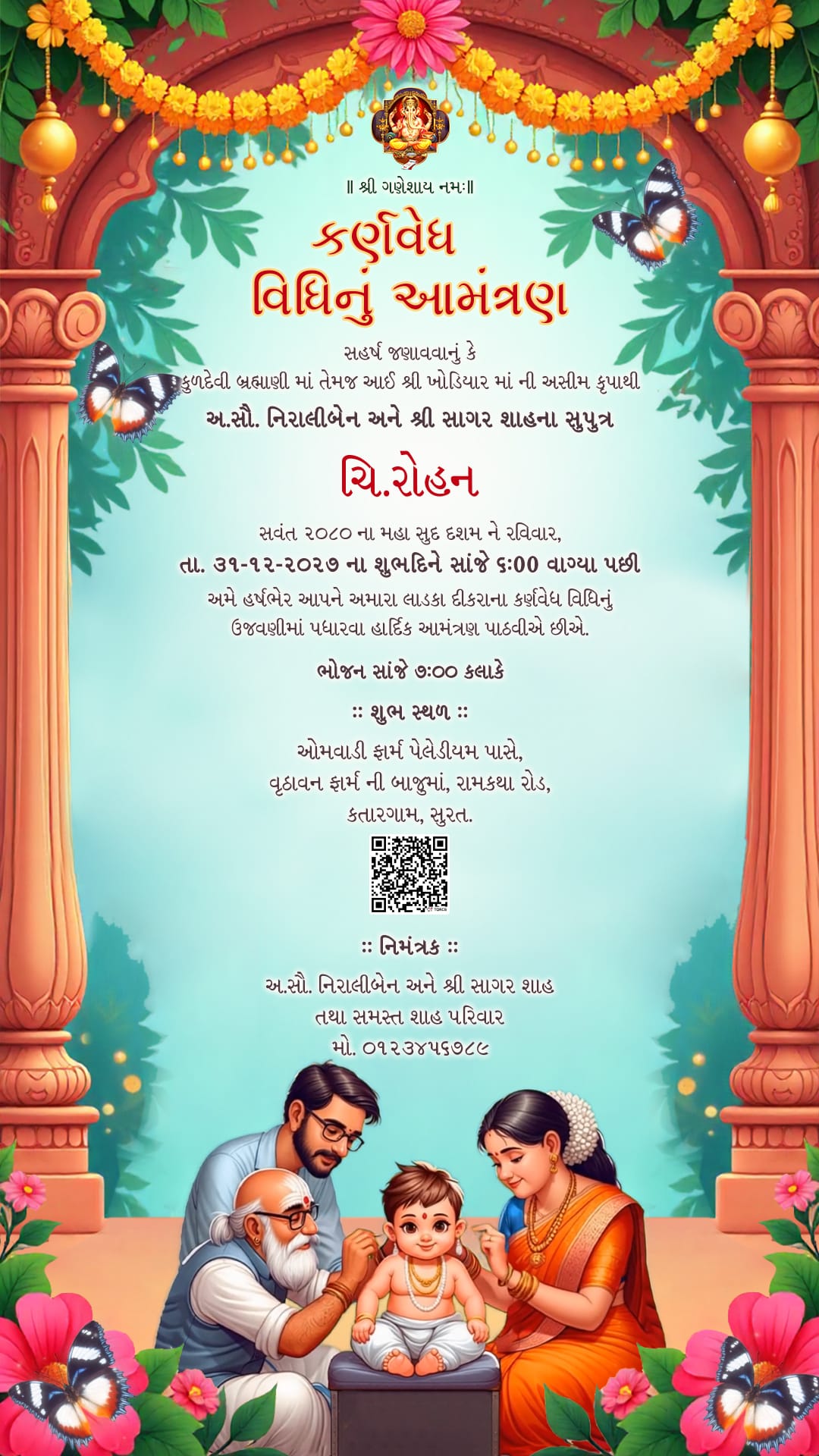 Family Theme Ear Piercing Ceremony Invitation Video with Floral Garland Decorations, Butterfly and QR Code for Location