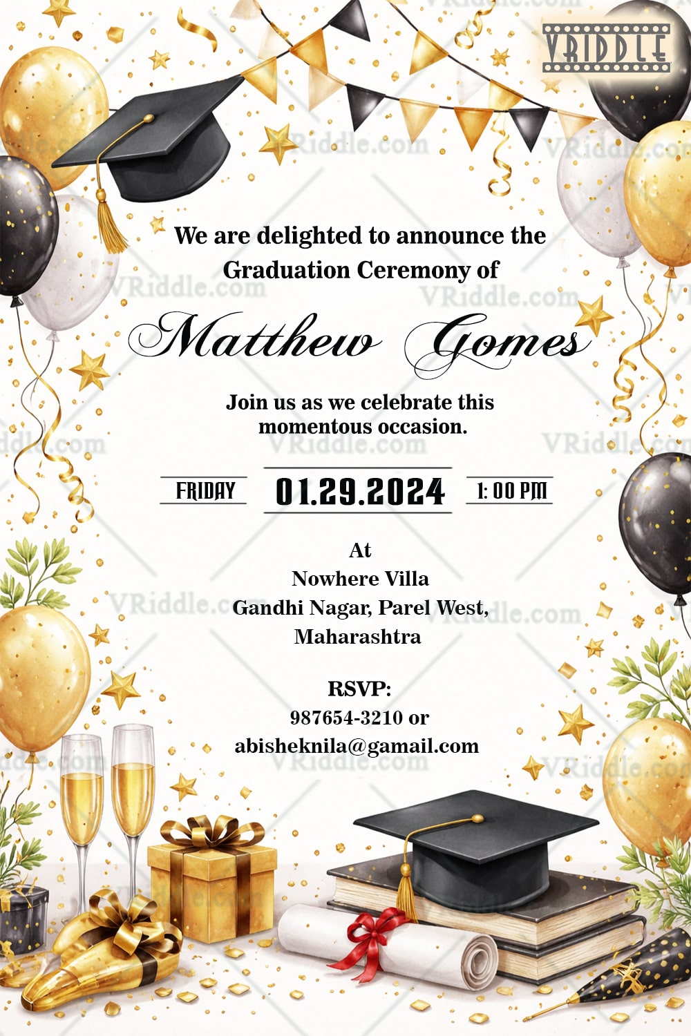 Festive Graduation Ceremony Invitation with Elegant Gold, Black Balloon in White Theme