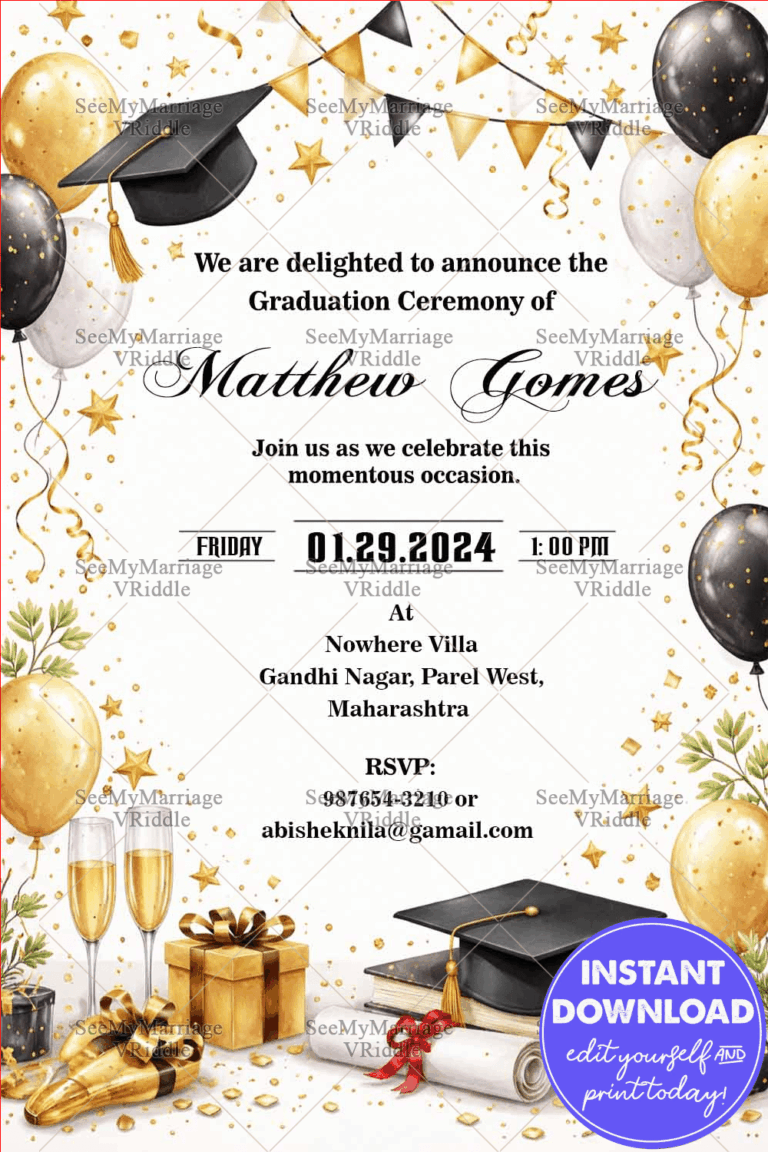 Festive Graduation Ceremony Invitation with Elegant Gold, Black Balloon in White Theme