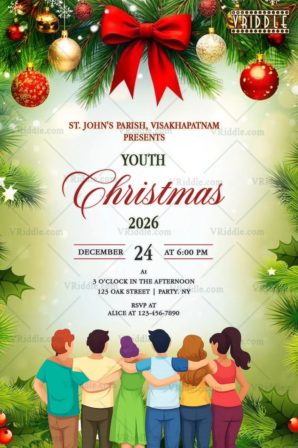 Festive Ornaments Christmas Celebration Invitation with Togetherness Illustration in Snowy Winter Season