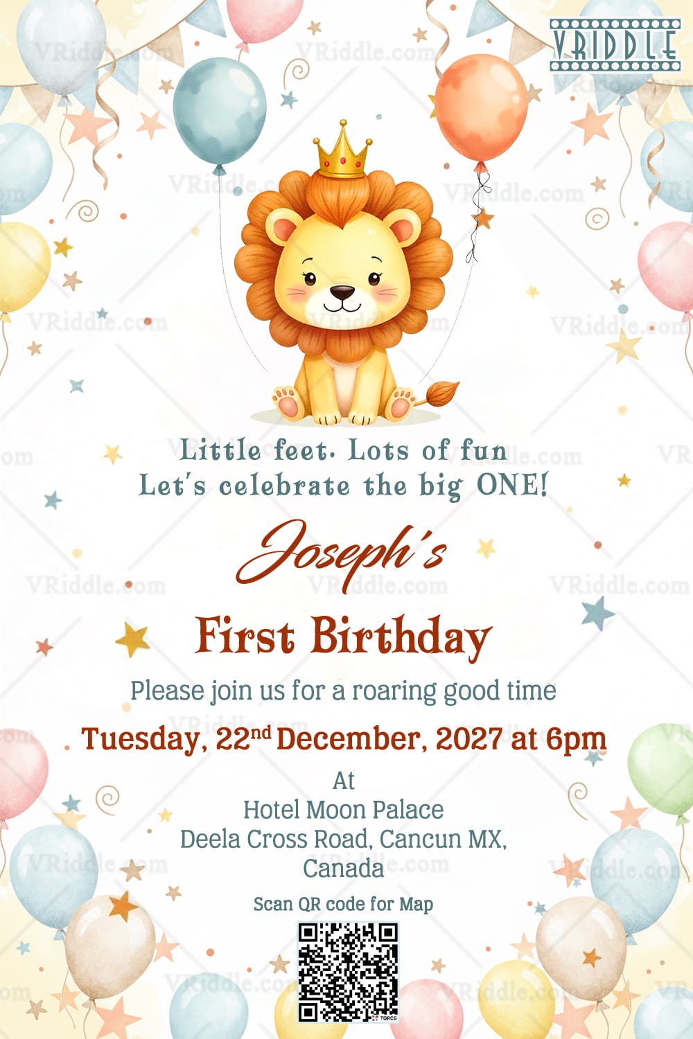 Crowned Baby Lion Birthday Invitation Card with Pastel Balloons, Joyful and Memorable Celebration