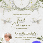 First Communion Invitation with Floral Frame, Doves, and a Praying Boy Illustration
