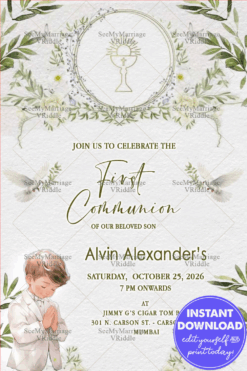 First Communion Invitation with Floral Frame, Doves, and a Praying Boy Illustration