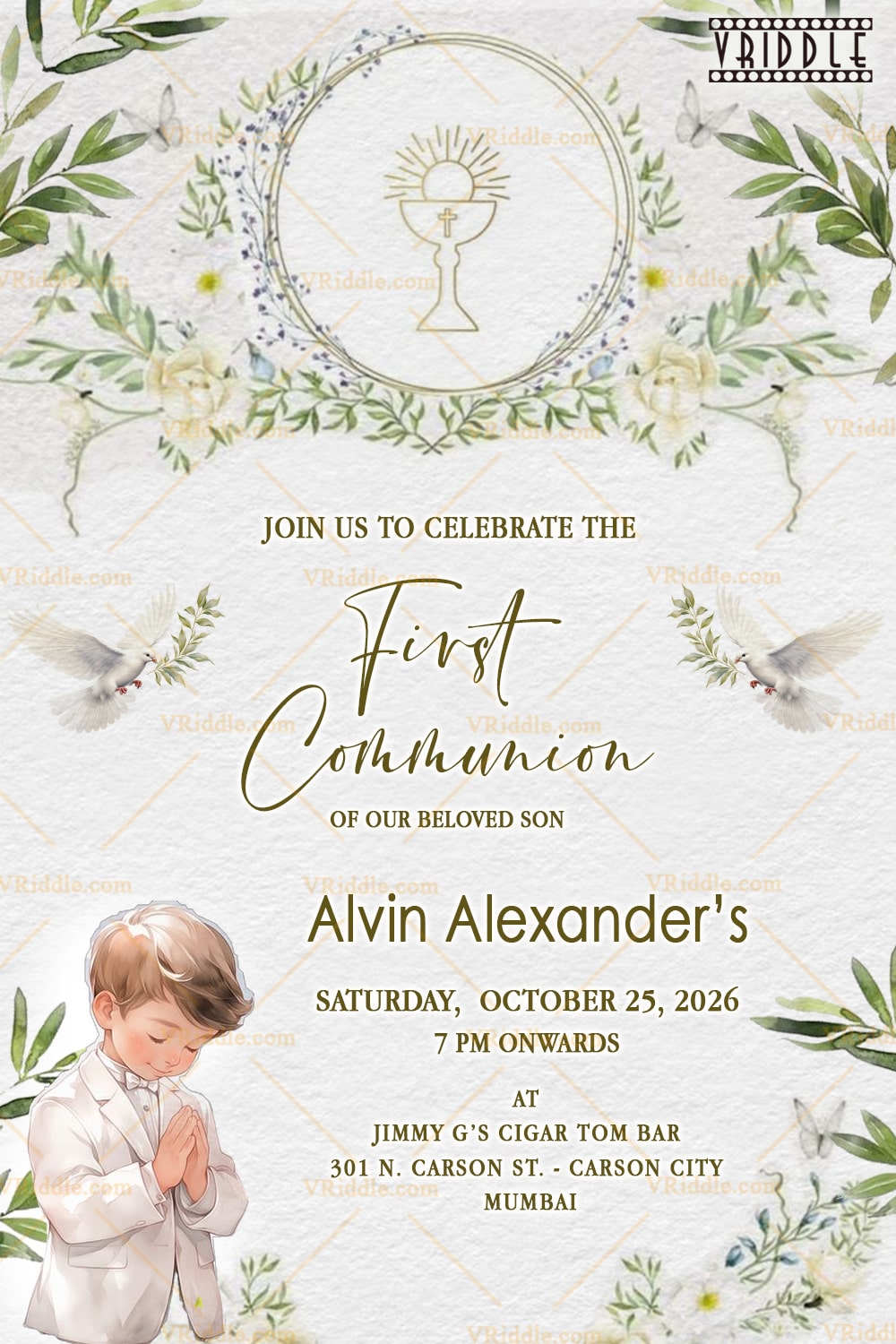 First Communion Invitation with Floral Frame, Doves, and a Praying Boy Illustration