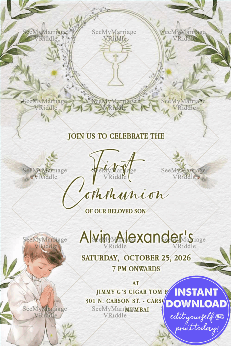 First Communion Invitation with Floral Frame, Doves, and a Praying Boy Illustration