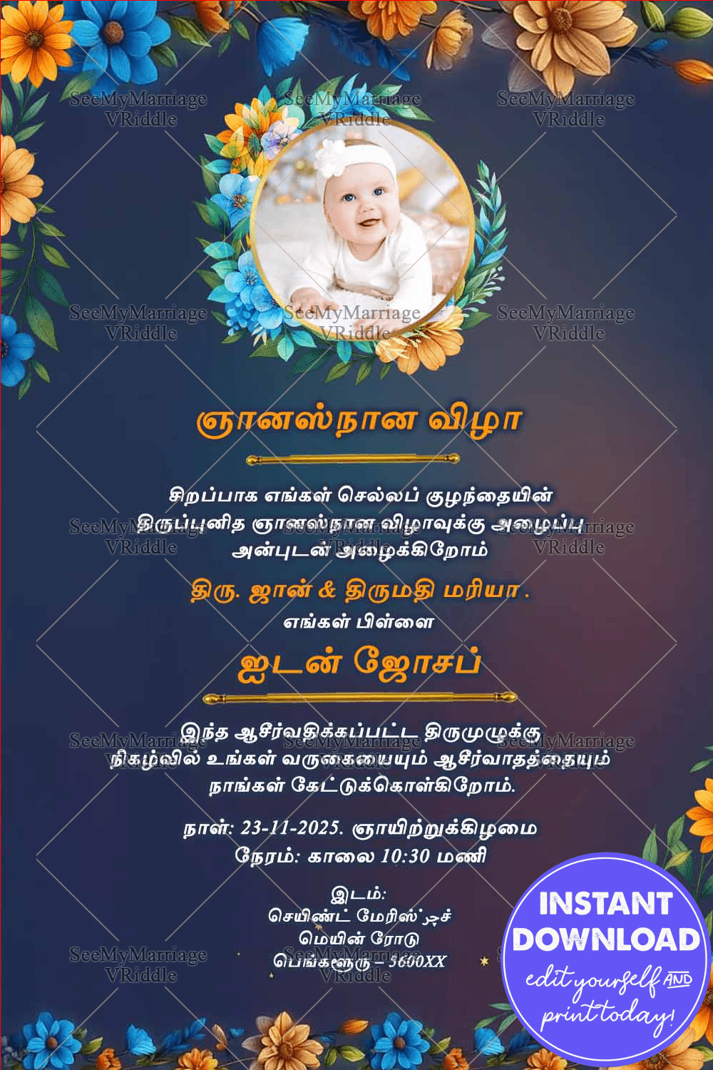 Floral Baptism Telugu Invitation with Add Image Option in Deep Blue Theme and Bright Botanical Accents