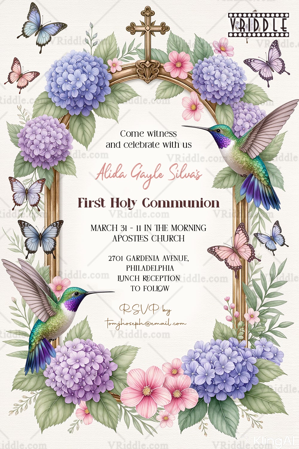 Floral Frame First Holy Communion Invitation with Hummingbirds, Butterflies & Golden Cross Accents