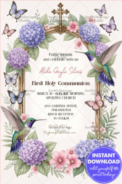 Floral Frame First Holy Communion Invitation with Hummingbirds, Butterflies & Golden Cross Accents