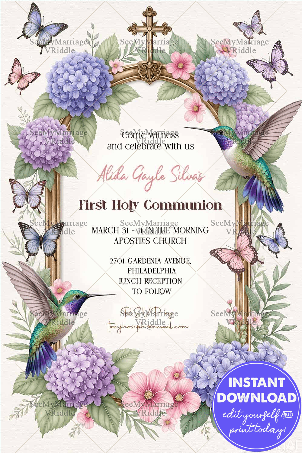 Floral Frame First Holy Communion Invitation with Hummingbirds, Butterflies & Golden Cross Accents