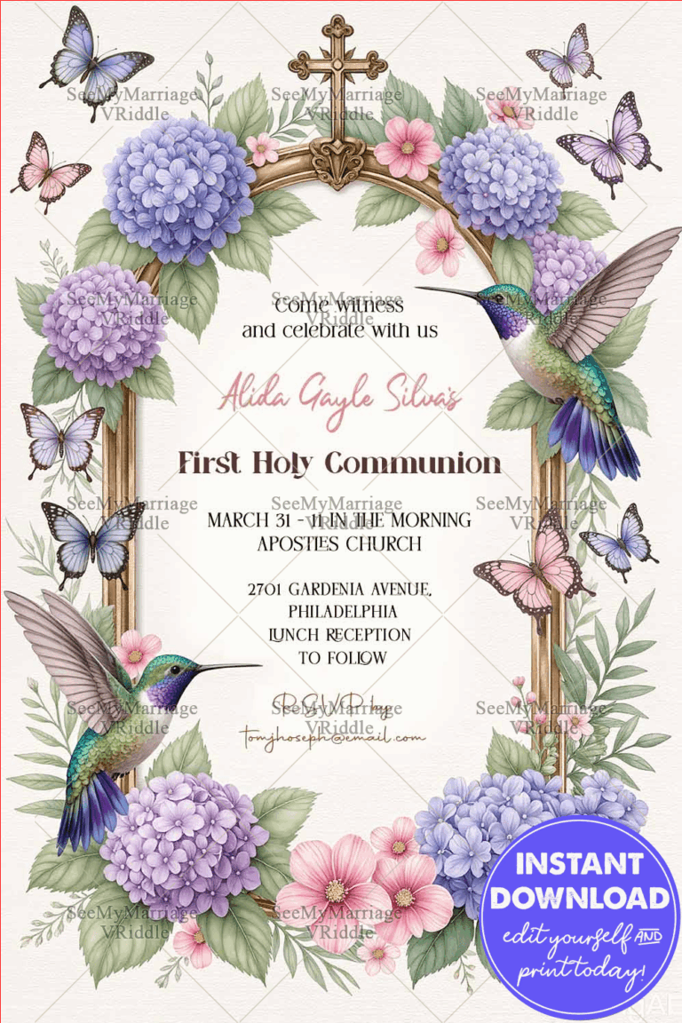Floral Frame First Holy Communion Invitation with Hummingbirds, Butterflies & Golden Cross Accents