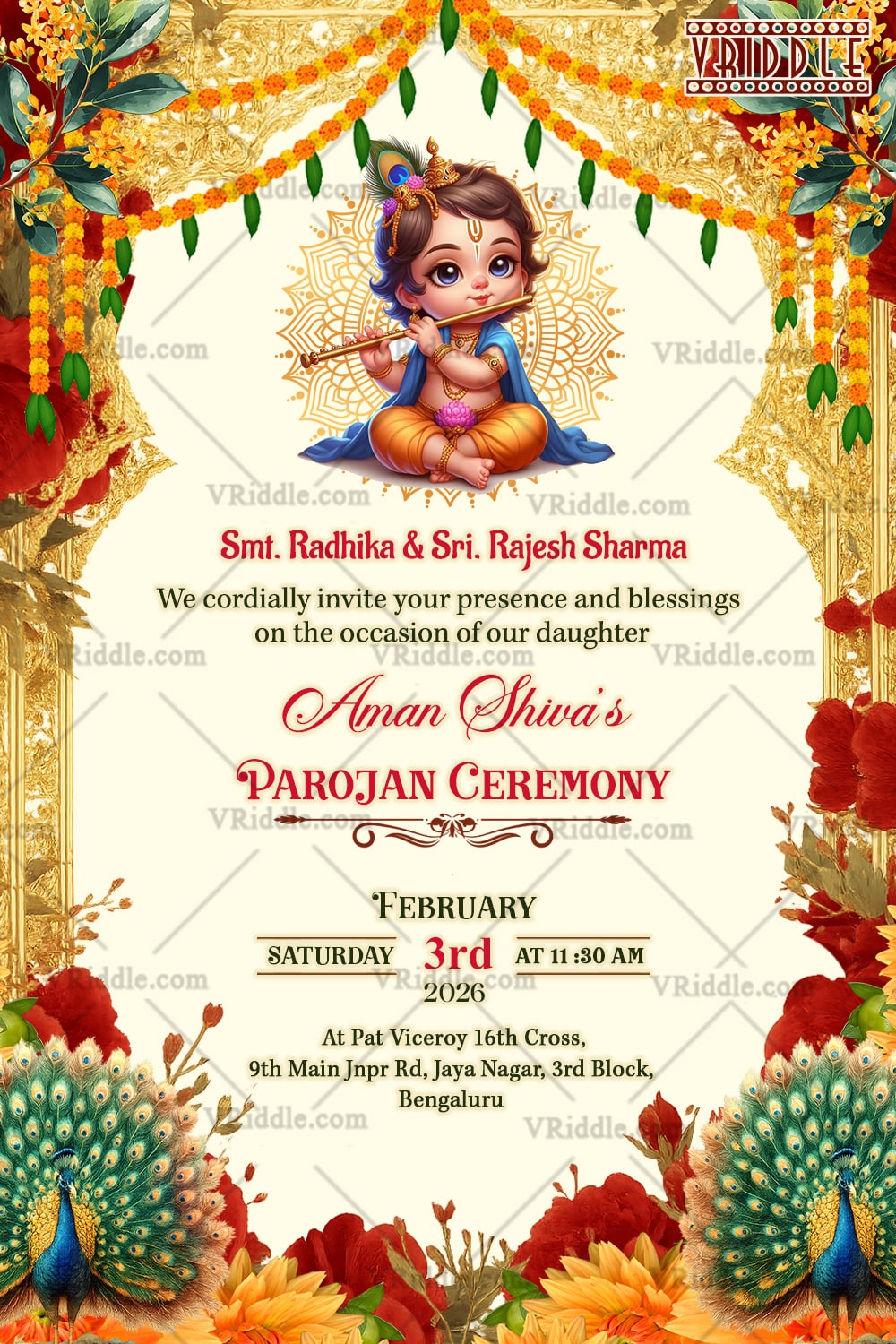 Floral Parojan Ceremony Invitation with Baby Krishna, Ornamental Gold Arch and Peacocks