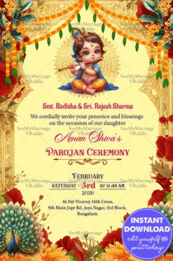 Floral Parojan Ceremony Invitation with Baby Krishna, Ornamental Gold Arch and Peacocks