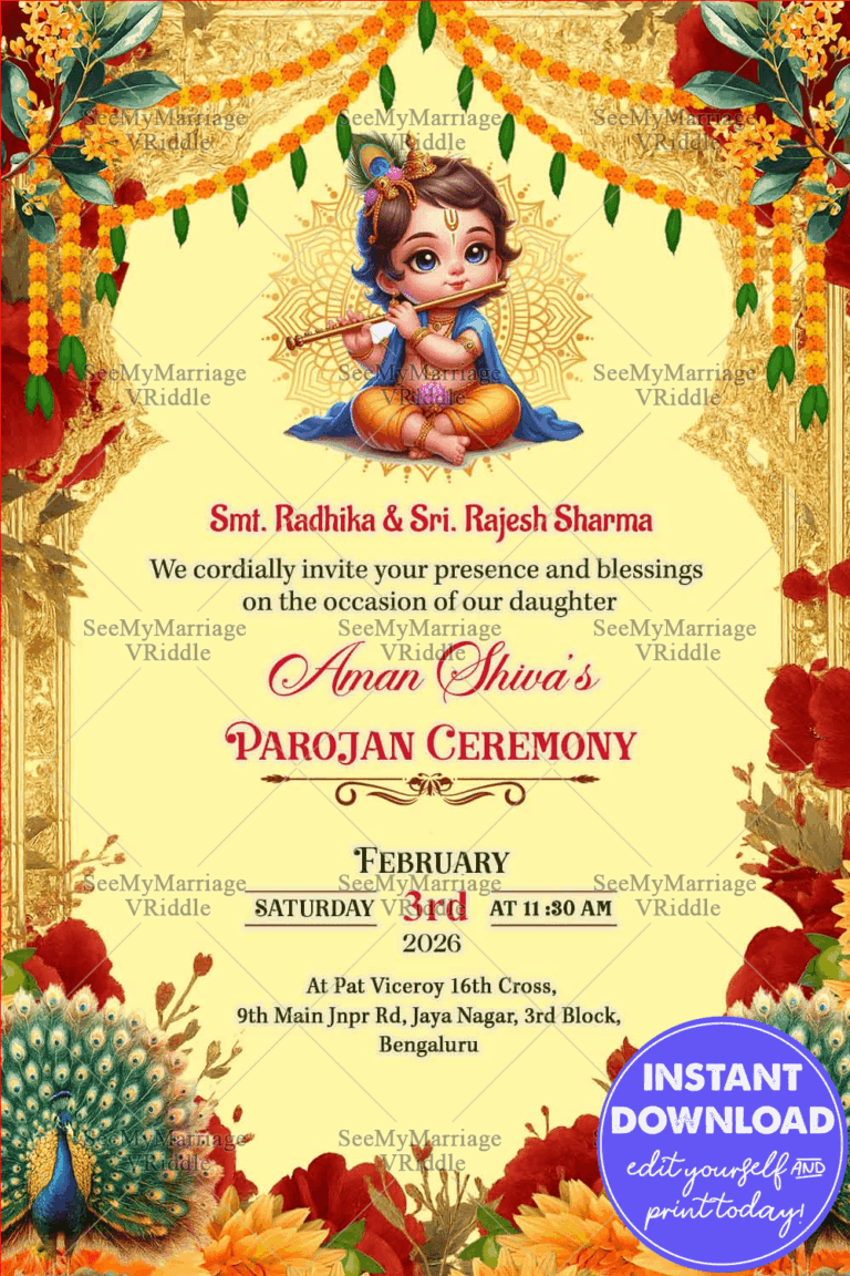 Floral Parojan Ceremony Invitation with Baby Krishna, Ornamental Gold Arch and Peacocks
