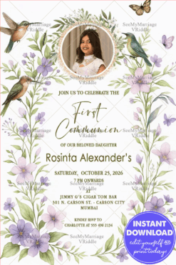 Floral Pastel First Communion Invitation with Add Image Option and Hummingbirds, Butterflies