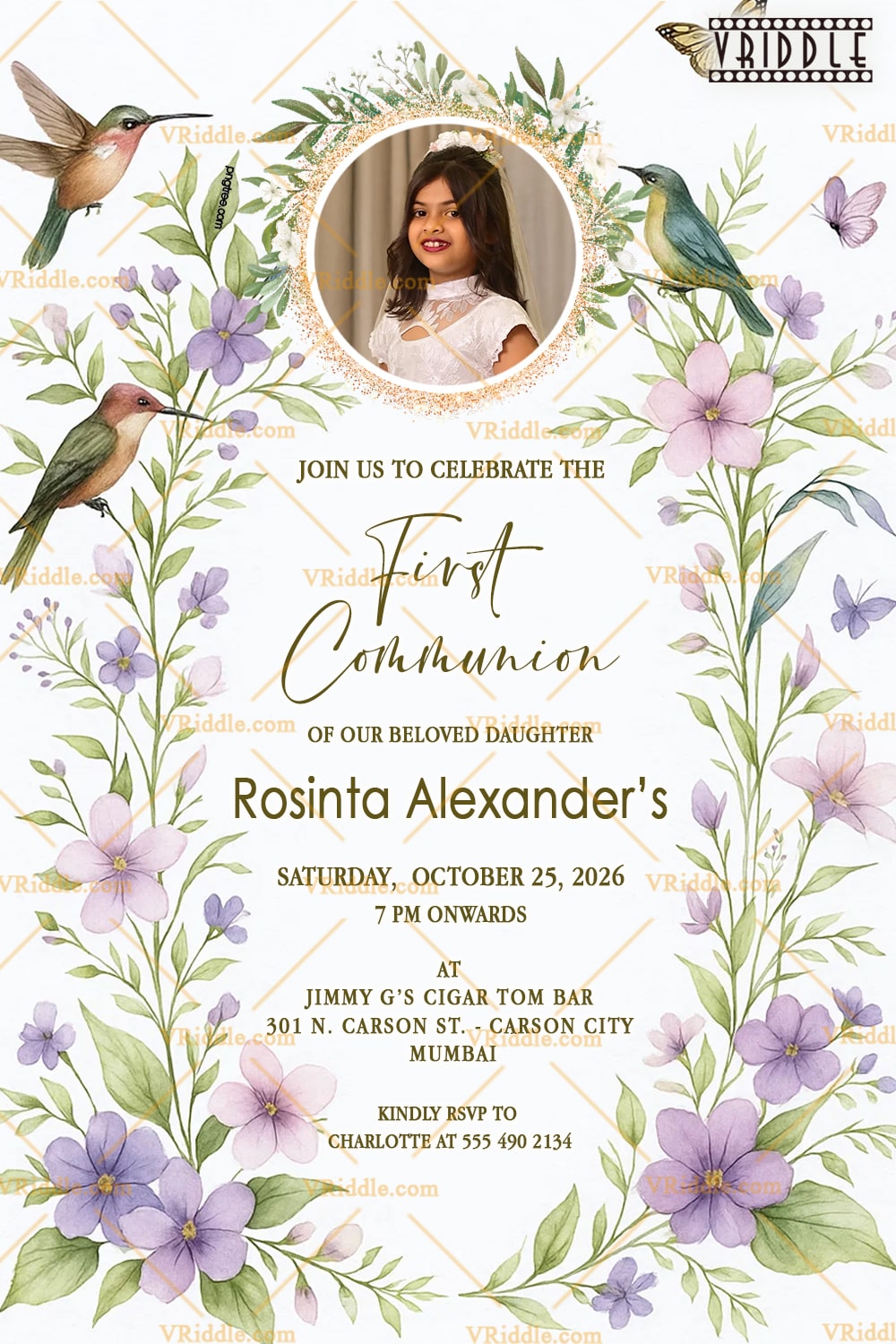 Floral Pastel First Communion Invitation with Add Image Option and Hummingbirds, Butterflies