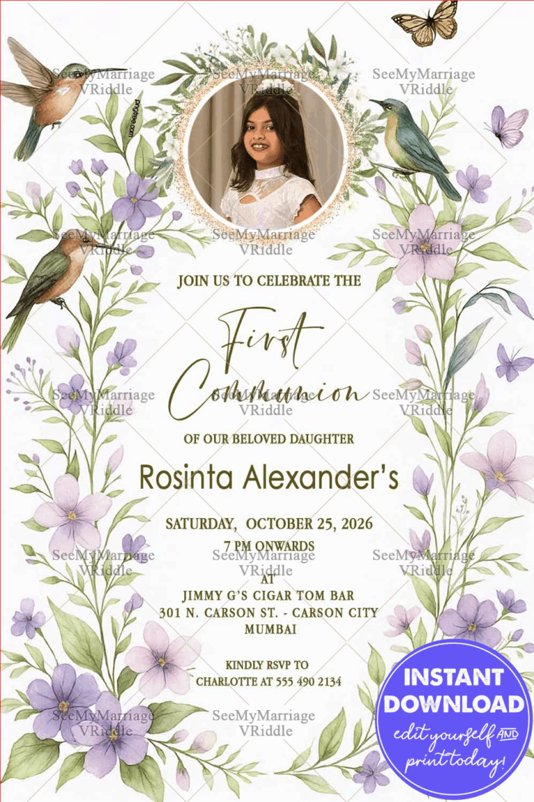 Floral Pastel First Communion Invitation with Add Image Option and Hummingbirds, Butterflies