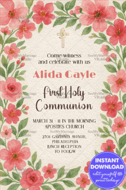 Floral Watercolor First Communion Invitation with Red Floral Greenery & Cross In cream BG