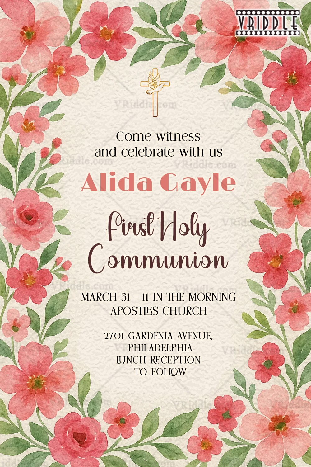 Floral Watercolor First Communion Invitation with Red Floral Greenery & Cross In cream BG