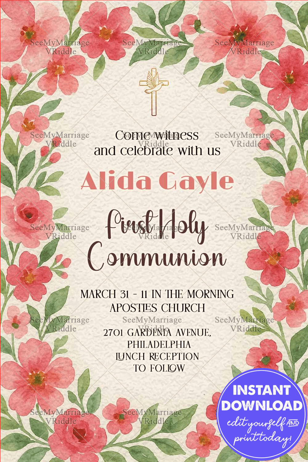 Floral Watercolor First Communion Invitation with Red Floral Greenery & Cross In cream BG