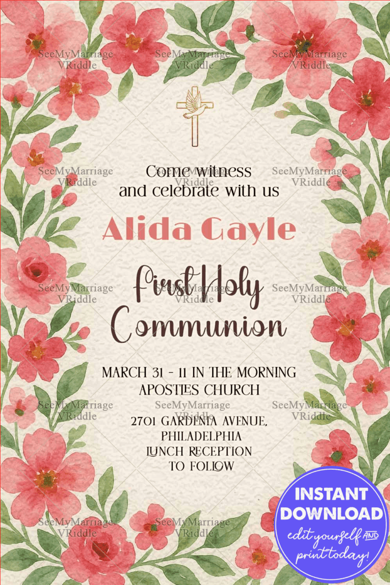 Floral Watercolor First Communion Invitation with Red Floral Greenery & Cross In cream BG