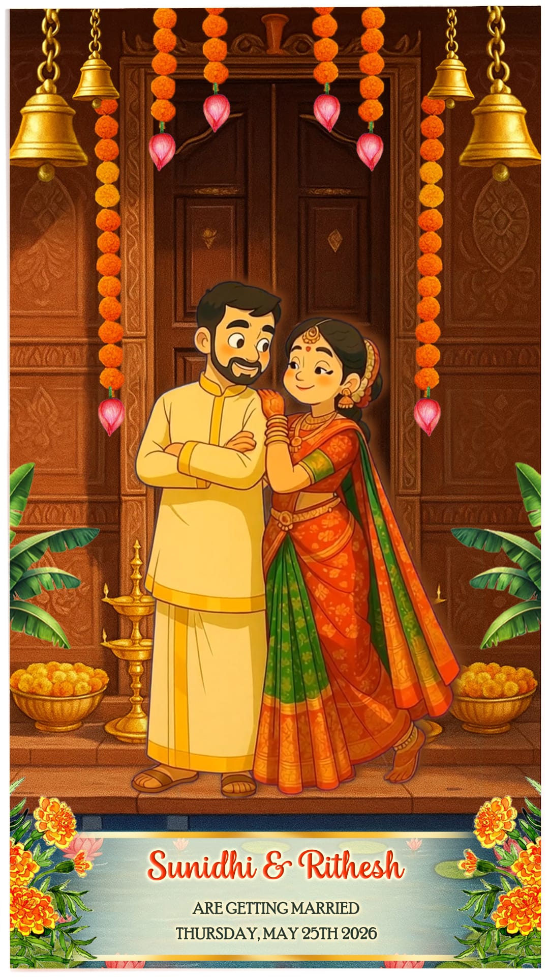 Ghibli Couple Wedding Invitation Video with South Indian Theme, Temple Bells and Marigold Garlands