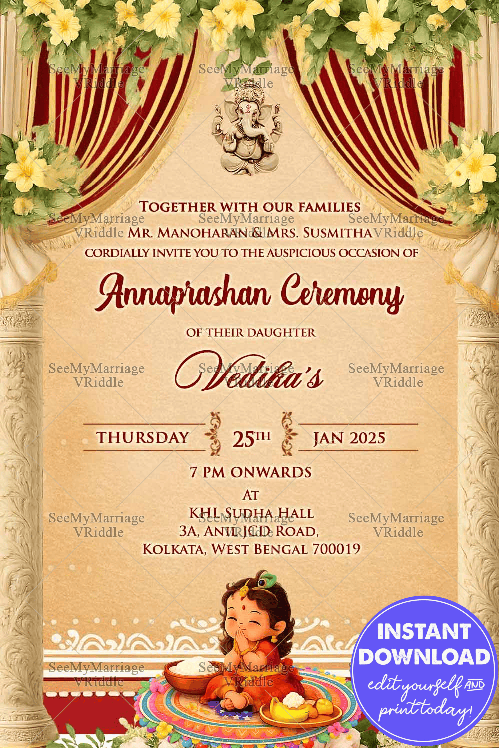Girl Baby Annaprashan Ceremony Invitation with Lush Floral and Arch Grandeur in Soft Beige