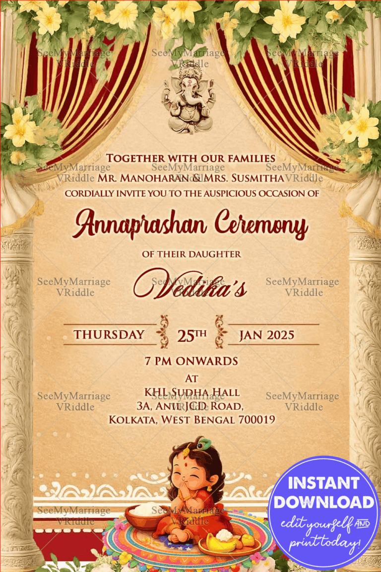 Girl Baby Annaprashan Ceremony Invitation with Lush Floral and Arch Grandeur in Soft Beige