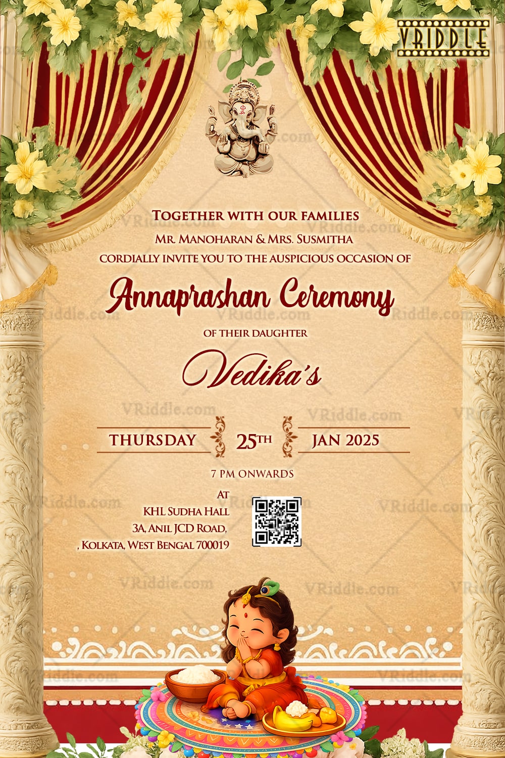Girl Baby Annaprashan Ceremony Invitation with Lush Floral and Arch Grandeur in Soft Beige
