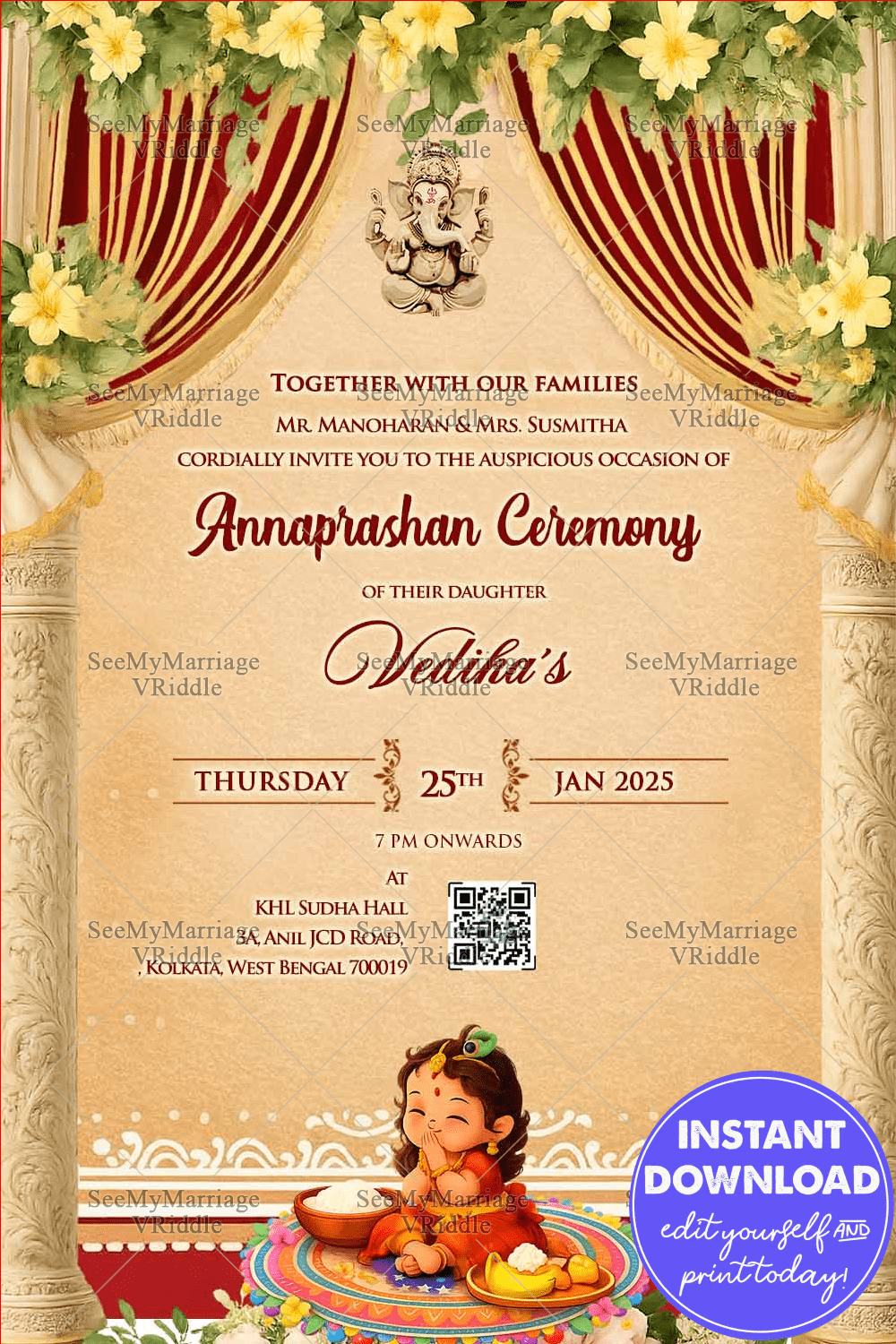 Girl Baby Annaprashan Ceremony Invitation with Lush Floral and Arch Grandeur in Soft Beige