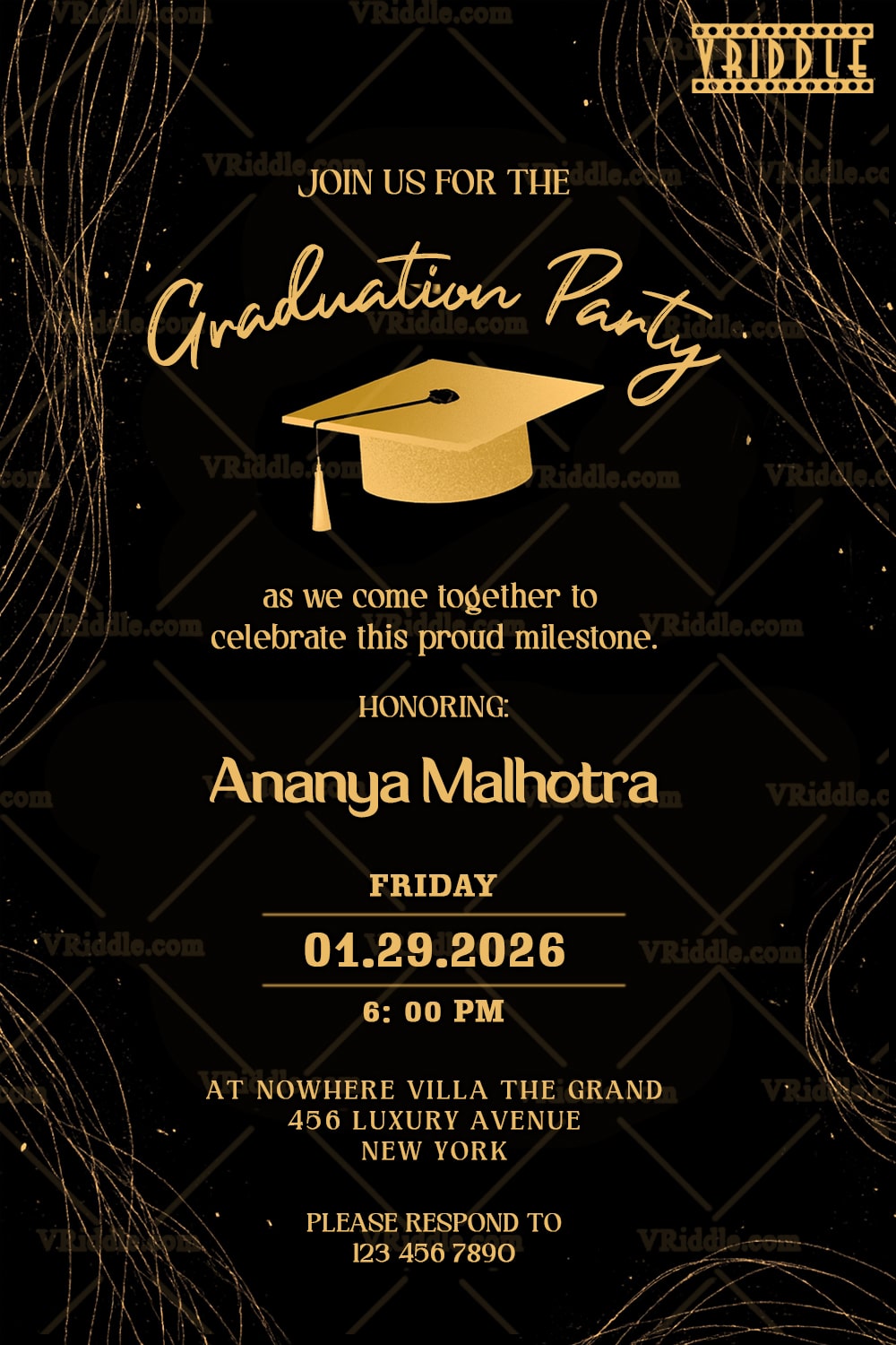 Gold Graduation Invitation Featuring Elegant Sparkles and a Golden Cap on Black BG