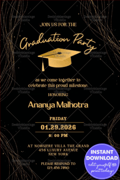 Gold Graduation Invitation Featuring Elegant Sparkles and a Golden Cap on Black BG