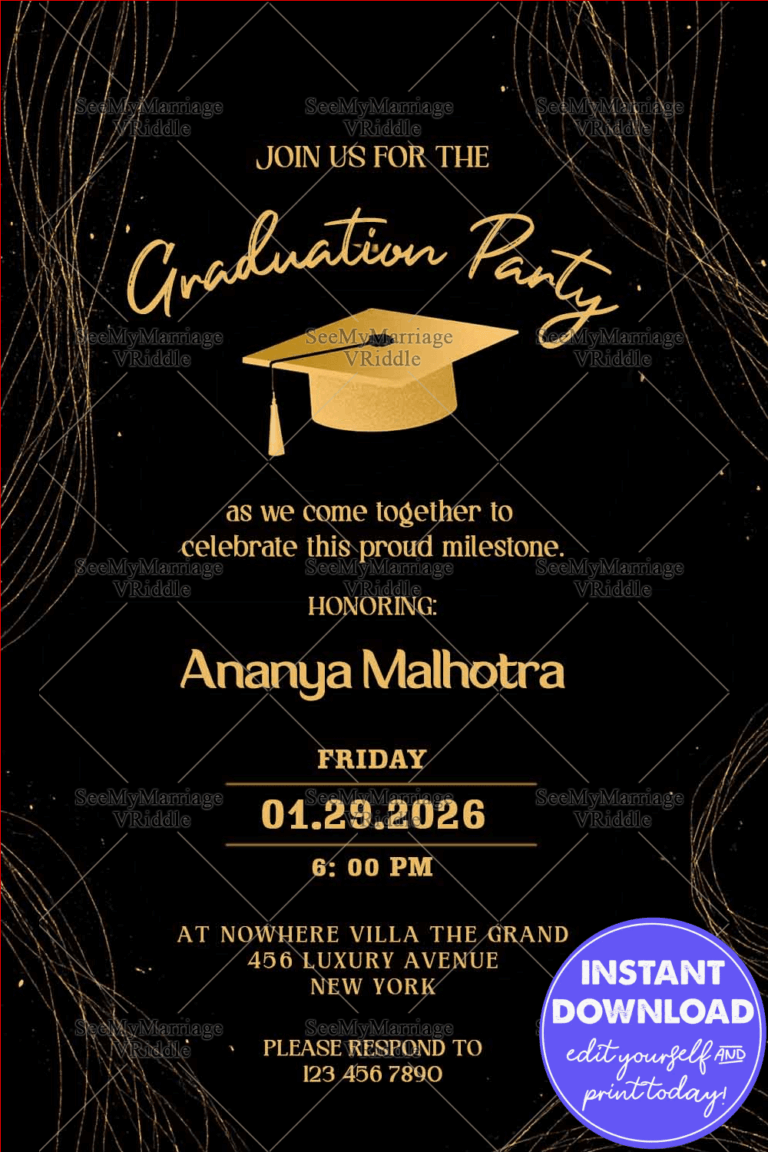 Gold Graduation Invitation Featuring Elegant Sparkles and a Golden Cap on Black BG